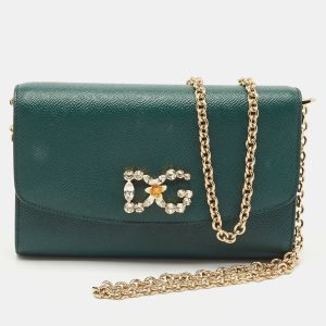Dolce & Gabbana Dark Green Leather DG Logo Crystals Wallet on Chain, Wallets & Money Clips - Luxury Closet catalog