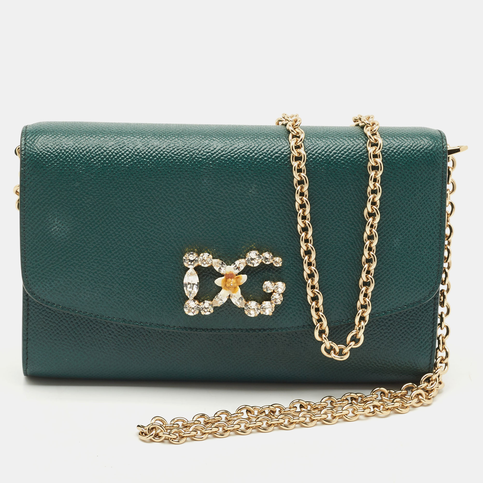 Dolce & Gabbana Dark Green Leather DG Logo Crystals Wallet on Chain, Wallets & Money Clips - Luxury Closet catalog