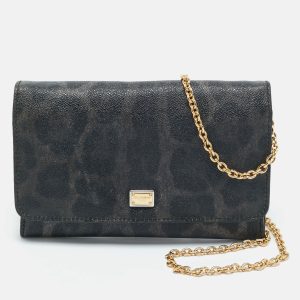 Dolce & Gabbana Black/Grey Leopard Print Coated Canvas Nina Chain Clutch, Clutches & Special Occasion Bags - Luxury Closet catalog