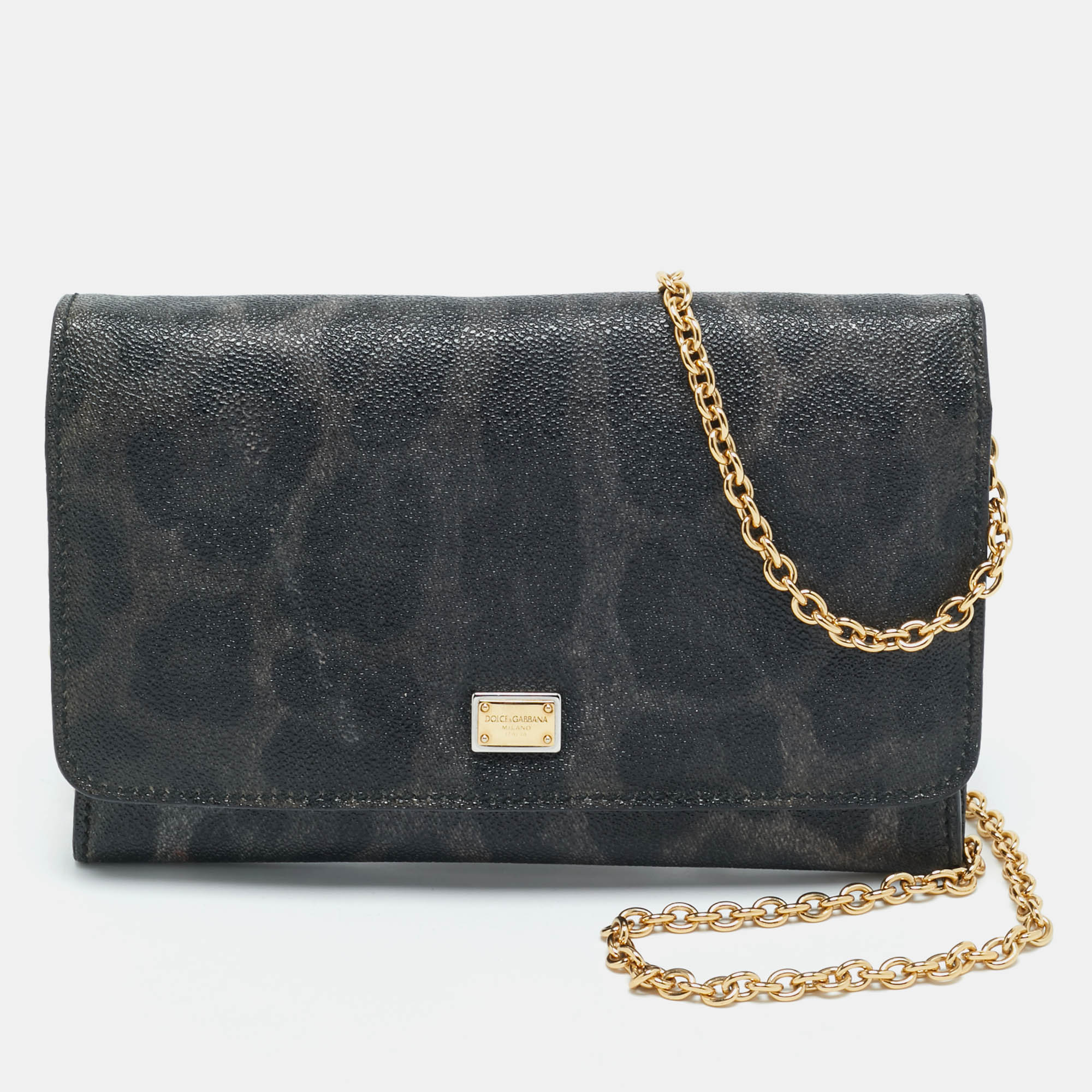 Dolce & Gabbana Black/Grey Leopard Print Coated Canvas Nina Chain Clutch, Clutches & Special Occasion Bags - Luxury Closet catalog