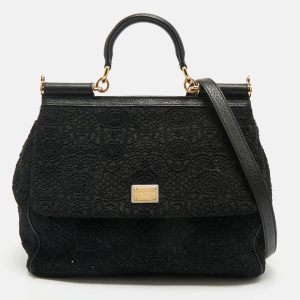 Dolce & Gabbana Black Lace and Leather Large Miss Sicily Top Handle Bag, Satchels - Luxury Closet catalog