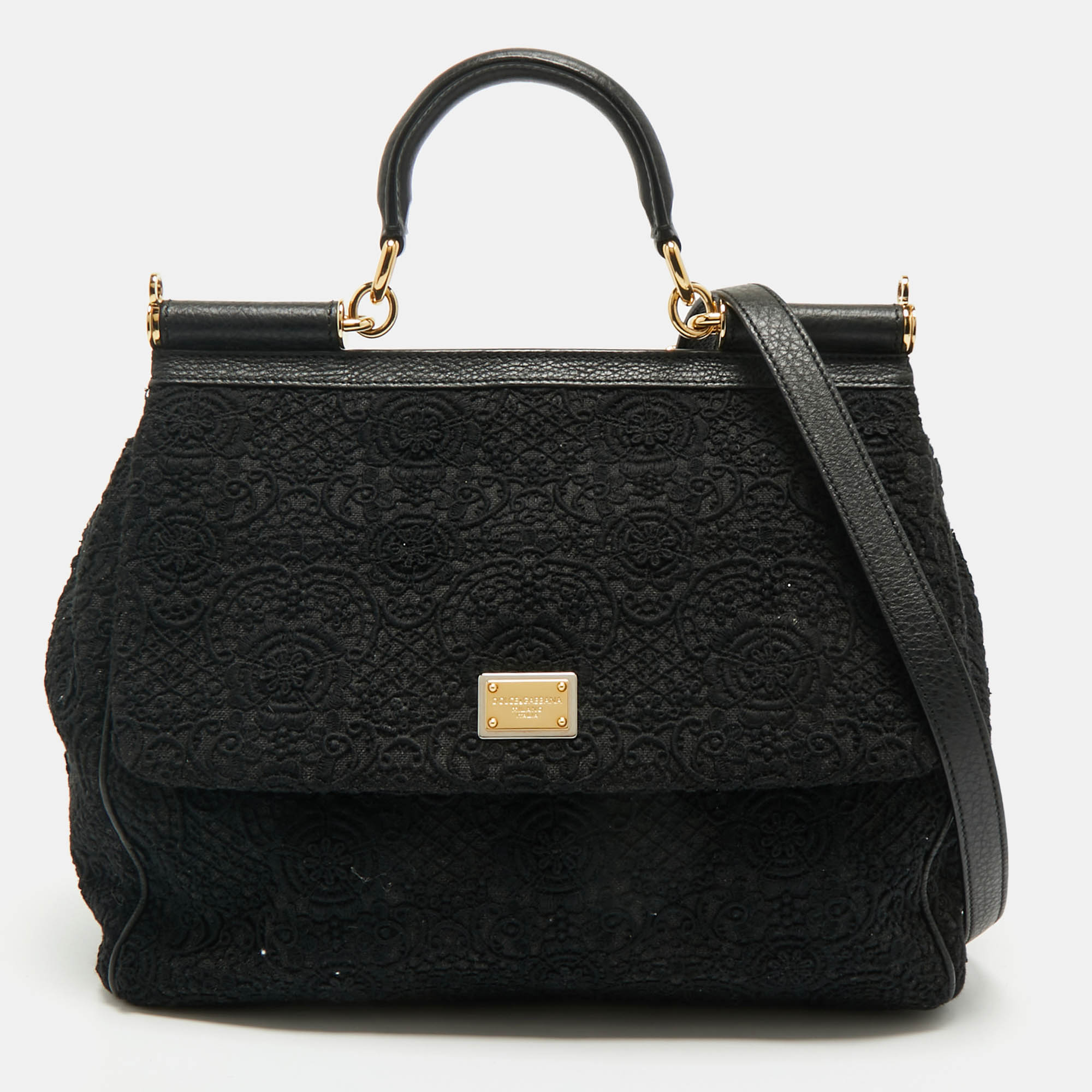Dolce & Gabbana Black Lace and Leather Large Miss Sicily Top Handle Bag, Satchels - Luxury Closet catalog