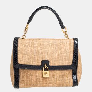 Dolce & Gabbana Beige/Black Raffia and Python Trim Miss Dolce Top Handle Bag, Satchels - Luxury Closet catalog