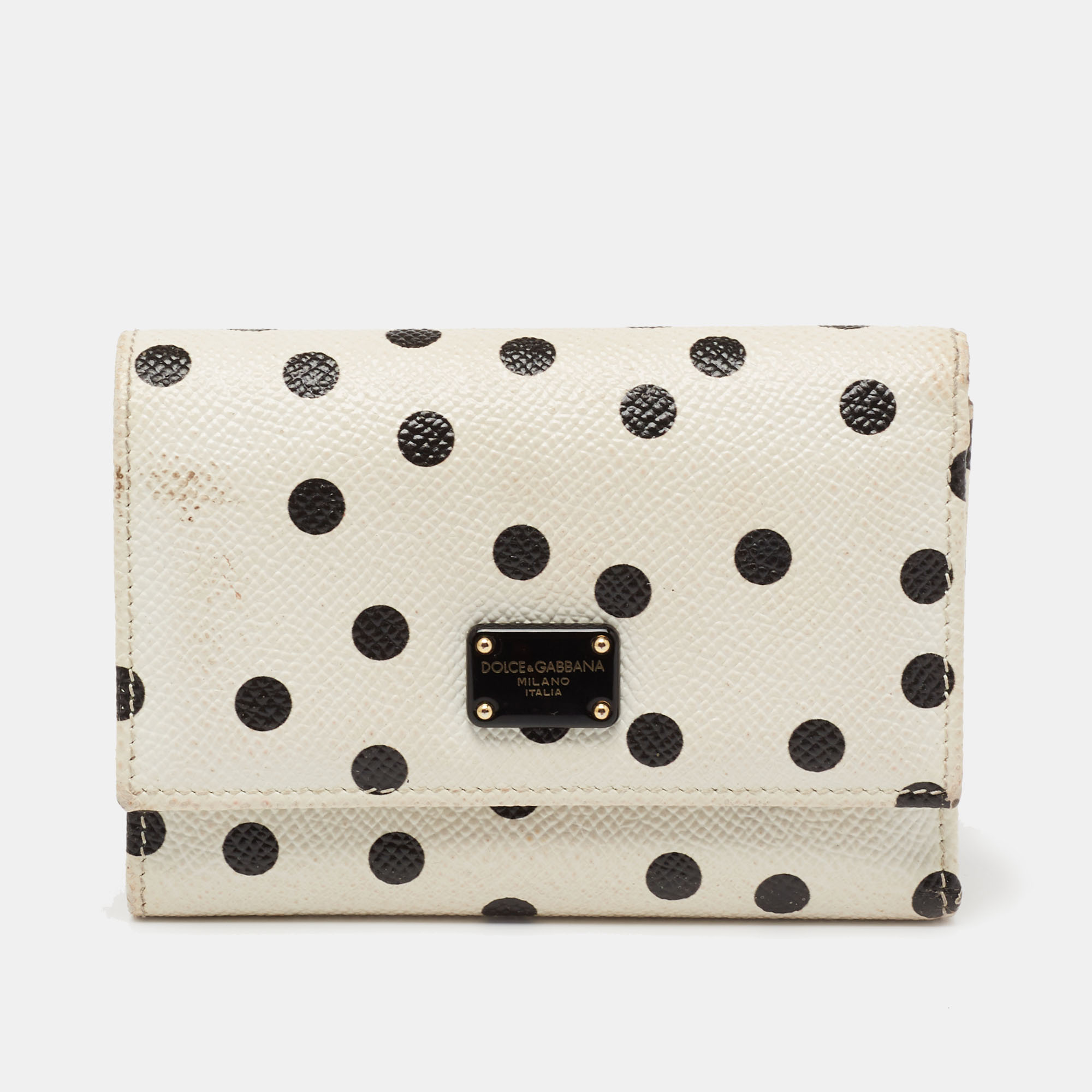 Dolce & Gabbana White/Black Polka Dot Print Leather Trifold Compact Wallet, Wallets & Money Clips - Luxury Closet catalog