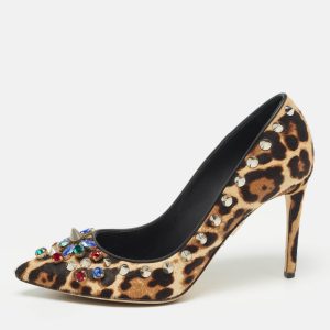Dolce & Gabbana Brown/Beige Leopard Print Calf Hair Studded Pumps Size 37.5, Pumps - Luxury Closet catalog
