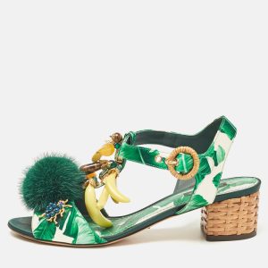 Dolce & Gabbana Green Satin and Fur Banana Embellished T-Strap Sandals Size 39, Sandals - Luxury Closet catalog
