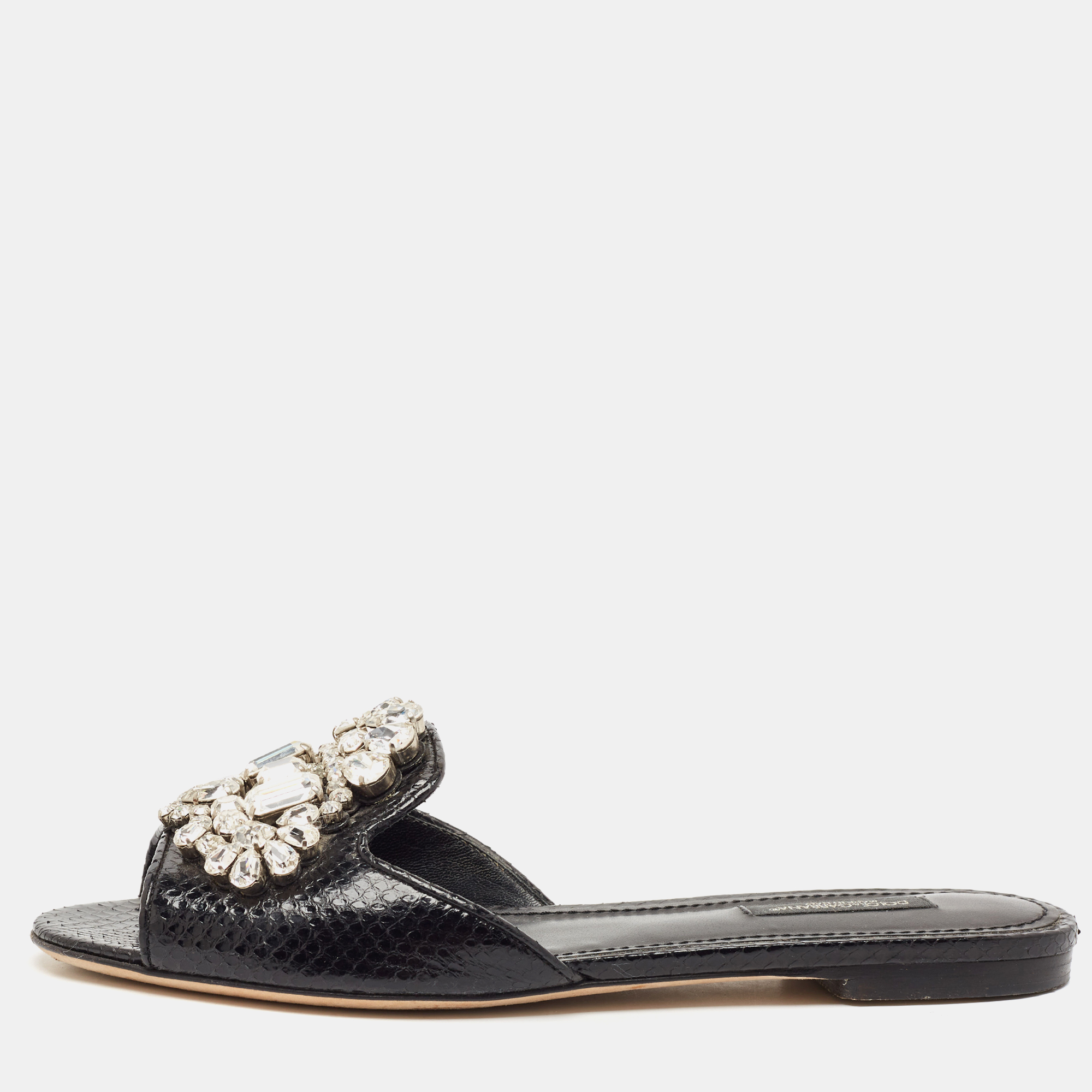 Dolce & Gabbana Black Snakeskin Bianca Crystals Slide Flats Size 37.5, Flats - Luxury Closet catalog