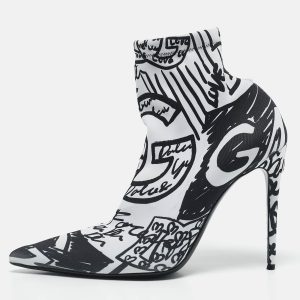 Dolce & Gabbana Black/White Stretch Knit Graffiti Sock Ankle Length Boots Size 39, Boots - Luxury Closet catalog