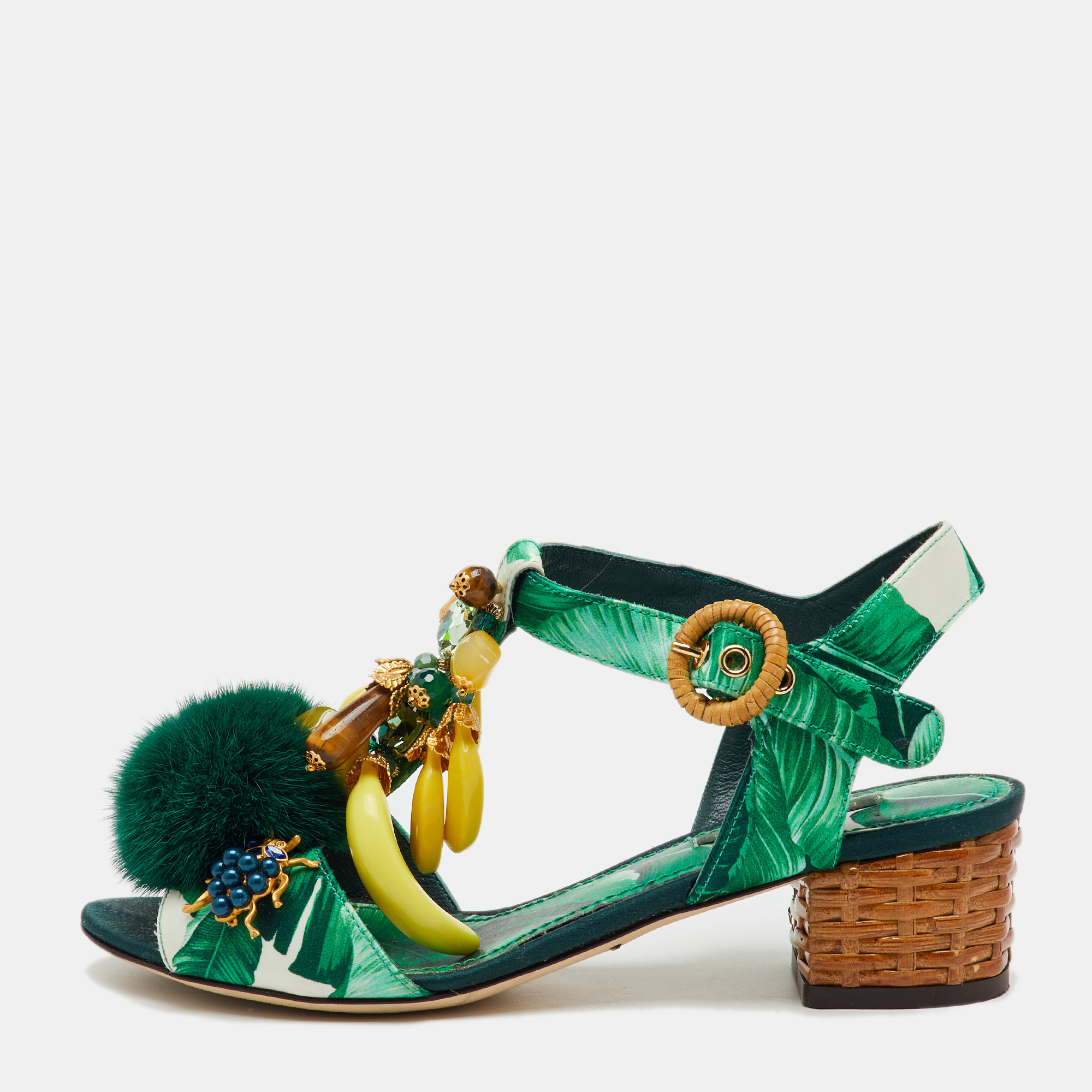 Dolce & Gabbana Green Mink Fur and Satin Banana Leaf T-Strap Sandals Size 36, Sandals - Luxury Closet catalog