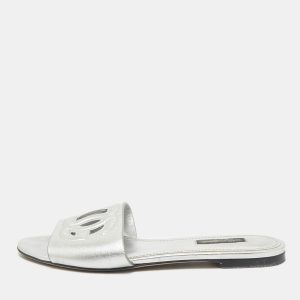 Dolce & Gabbana Metallic Silver Leather Logo Flat Slide Sandals Size 37, Sandals - Luxury Closet catalog