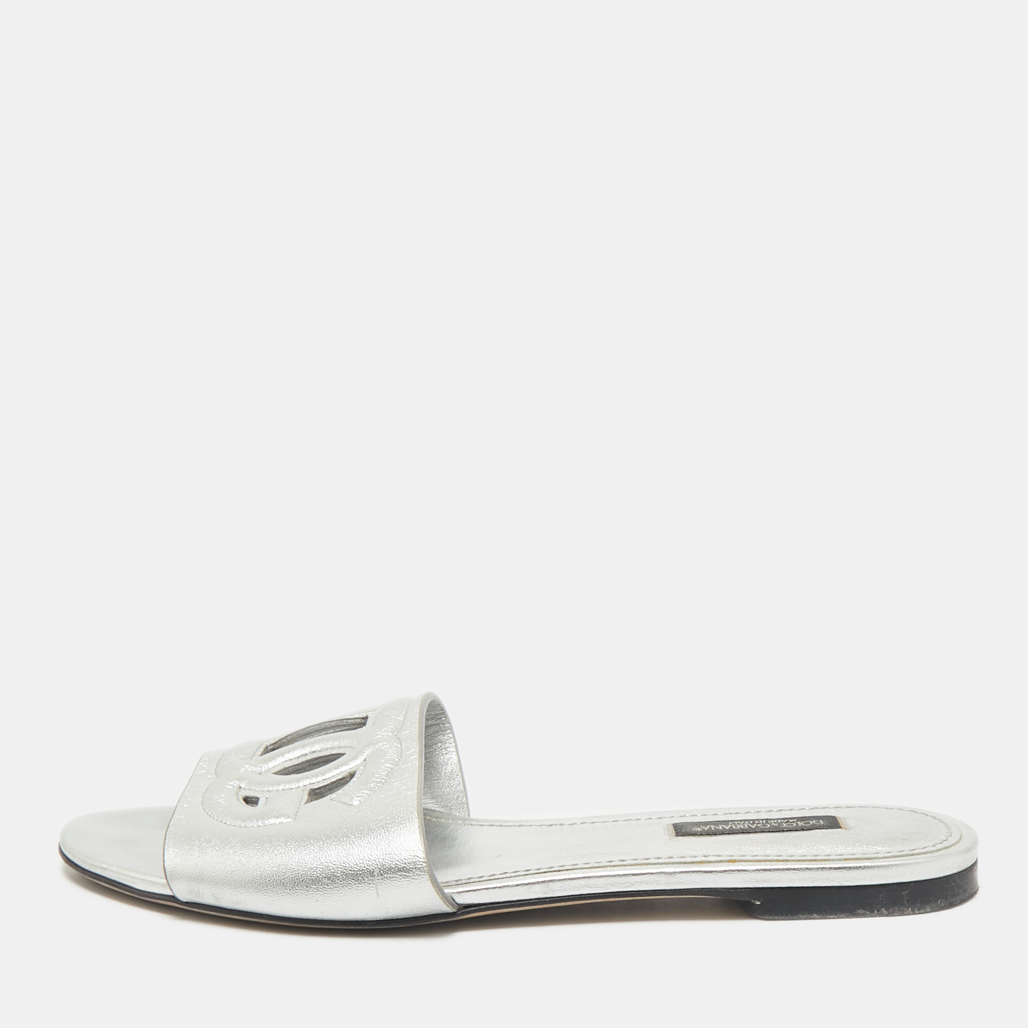 Dolce & Gabbana Metallic Silver Leather Logo Flat Slide Sandals Size 37, Sandals - Luxury Closet catalog