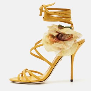 Dolce & Gabbana Yellow Leather Flower Embellished Ankle Wrap Sandals Size 39.5, Sandals - Luxury Closet catalog