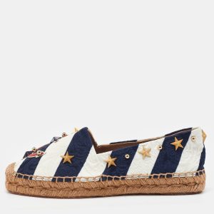 Dolce & Gabbana Navy Blue/White Striped Brocade Fabric Star Studded Espadrille Flats Size 35, Flats - Luxury Closet catalog