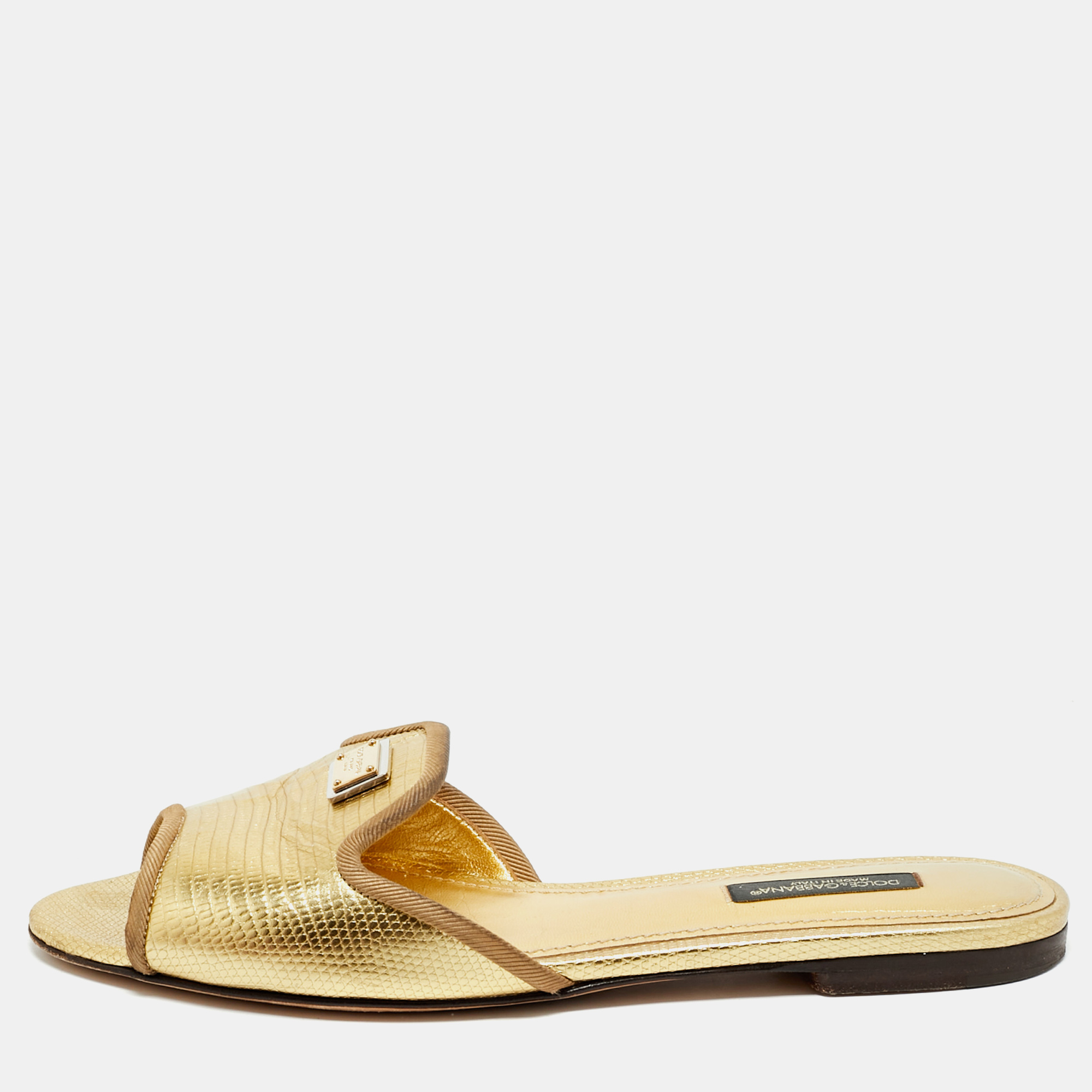 Dolce & Gabbana Gold Lizard Embossed Leather Flat Slides Size 36, Sandals - Luxury Closet catalog