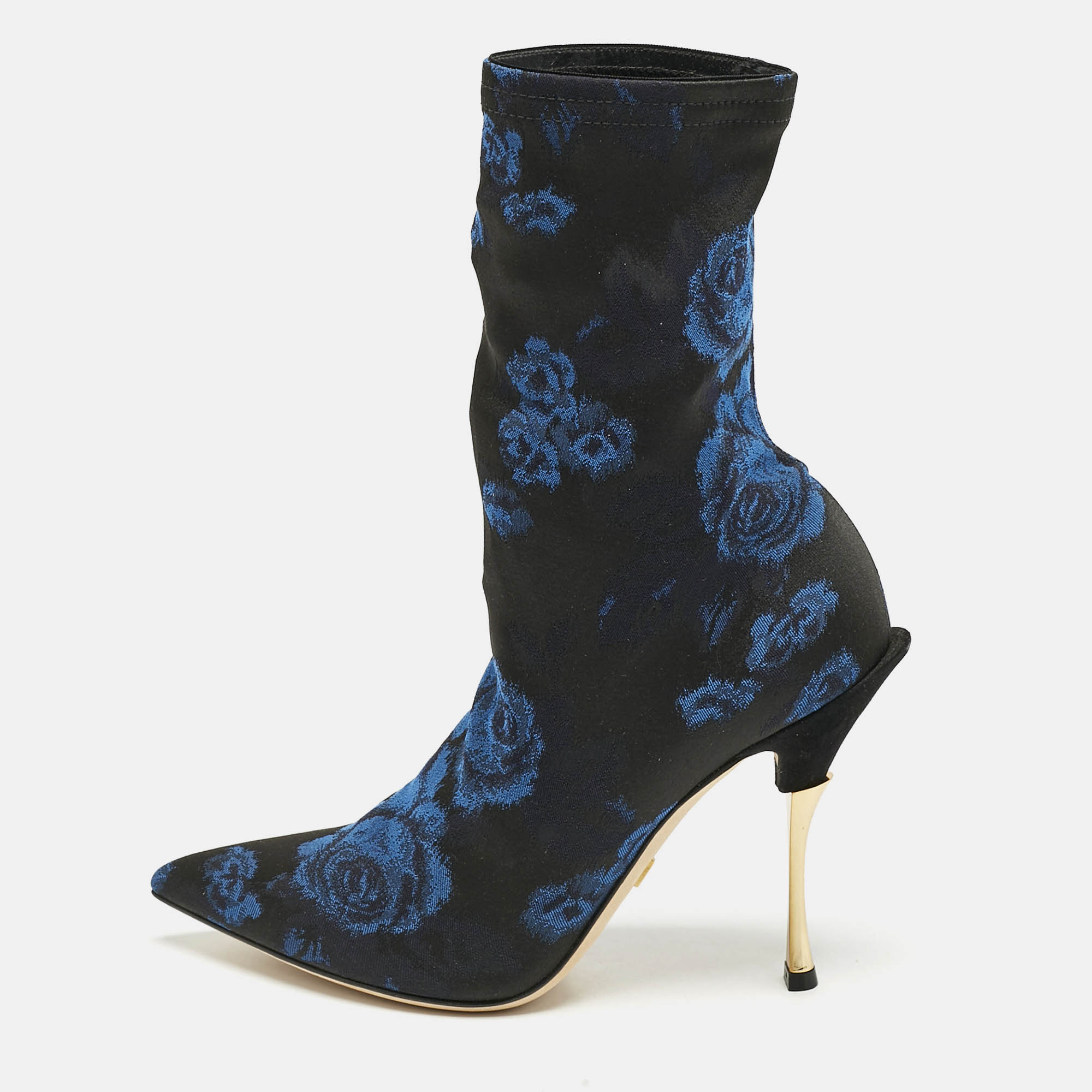 Dolce & Gabbana Black/Blue Knit Fabric Rose Gardinale Ankle Length Boots Size 37.5, Boots - Luxury Closet catalog