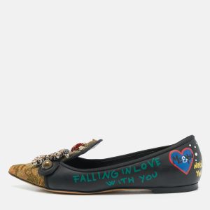 Dolce & Gabbana Black/Gold Leather and Canvas Crystal Embellished Ballet Flat Size 37, Flats - Luxury Closet catalog