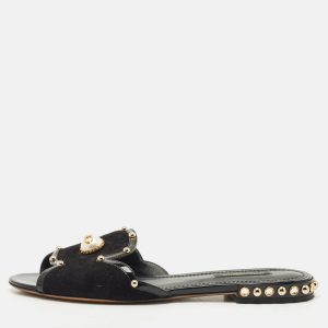 Dolce & Gabbana Black Suede DG Pearl Studded Flat Slide Sandals Size 38, Sandals - Luxury Closet catalog