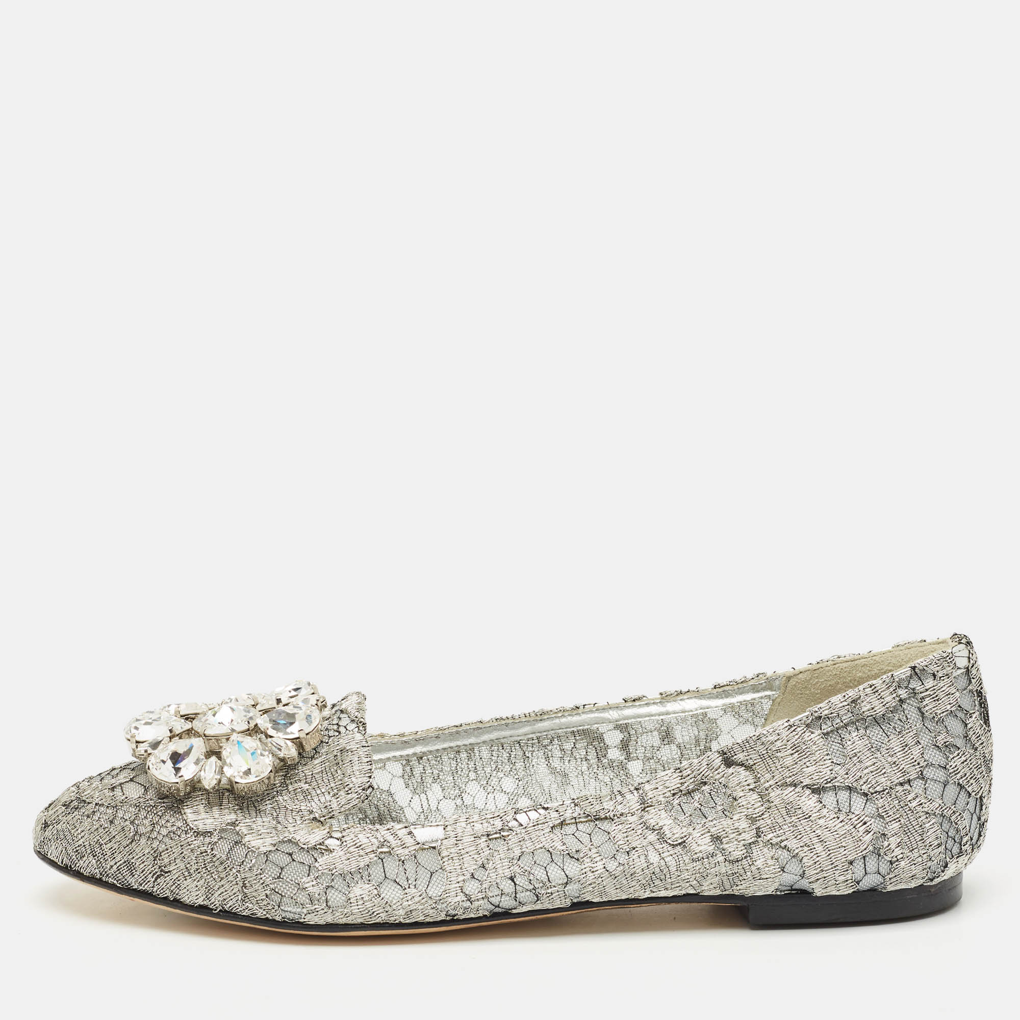 Dolce & Gabbana Silver Lace Crystal Embellished Taormina Ballet Flats Size 37, Flats - Luxury Closet catalog