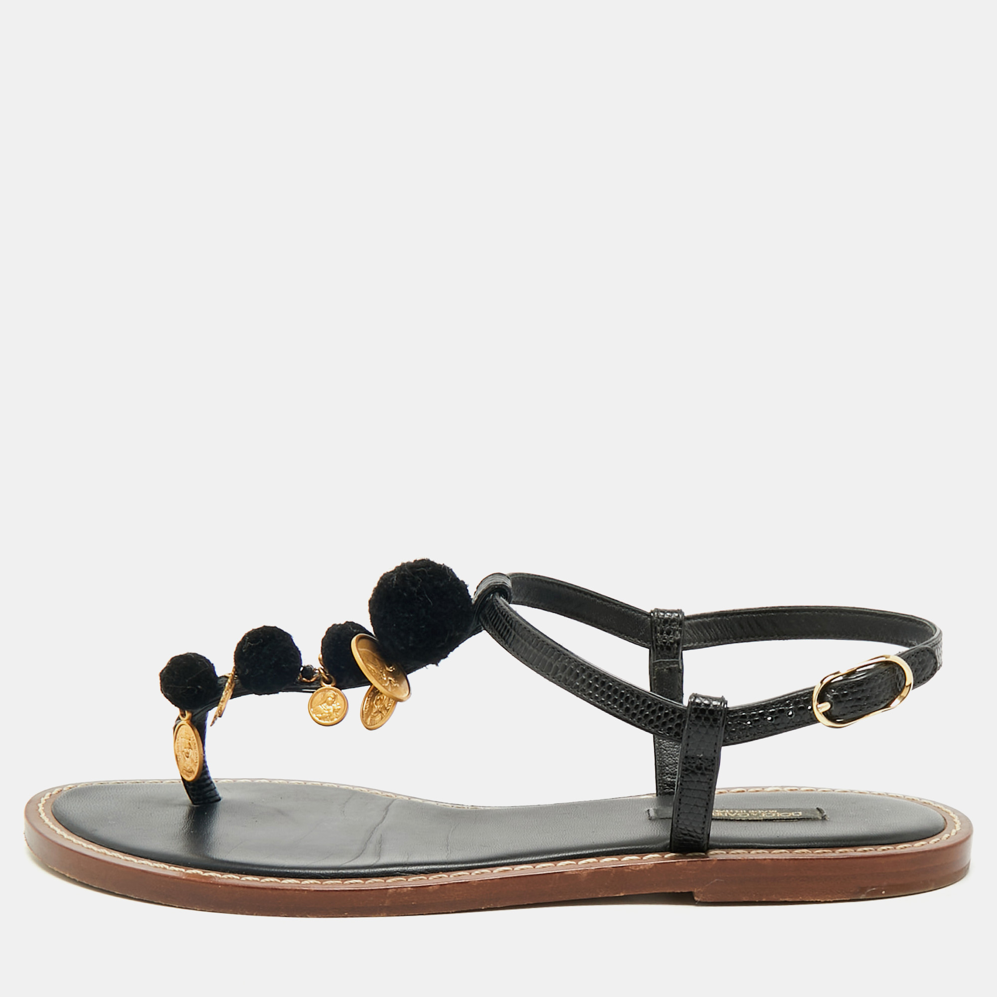 Dolce & Gabbana Black Lizard Embossed Leather Embellished Thong Flats Size 38.5, Flats - Luxury Closet catalog