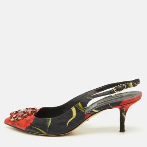 Dolce & Gabbana Black Brocade Floral Fabric Crystal Embellished Slingback Pumps Size 39.5, Pumps - Luxury Closet catalog