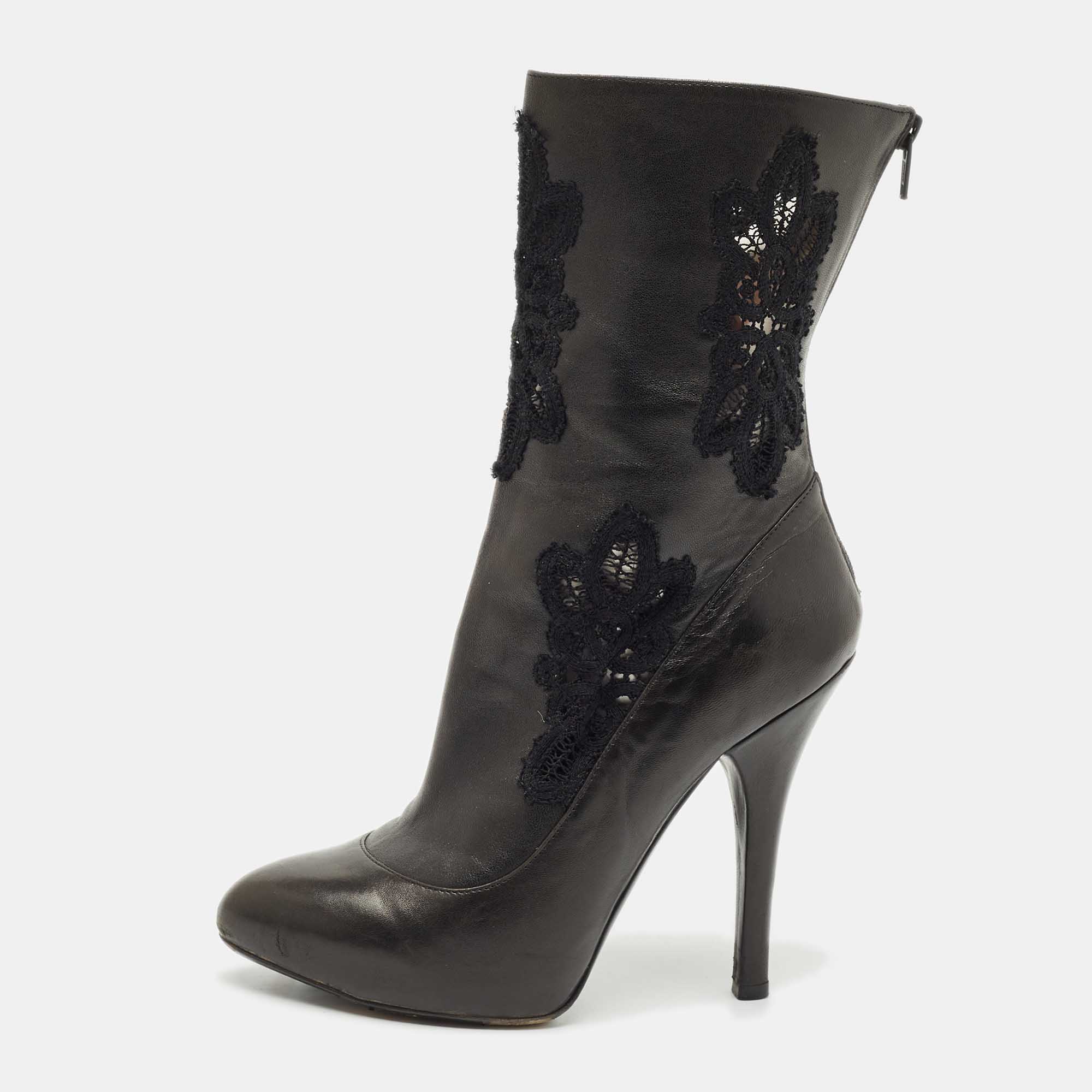 Dolce & Gabbana Black Leather and Lace Mid Calf Boots Size 37, Boots - Luxury Closet catalog
