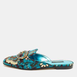 Dolce & Gabbana Blue/Brown Brocade Fabric Crystal Embellished Flat Mules Size 38, Sandals - Luxury Closet catalog