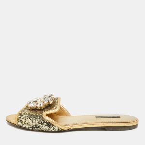 Dolce & Gabbana Gold Sequins and Leather Sofia Crystal Embellished Slide Flat Sandals Size 38.5, Sandals - Luxury Closet catalog