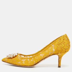 Dolce & Gabbana Yellow Lace and Mesh Bellucci Crystal Embellished Pointed Toe Pumps Size 40, Pumps - Luxury Closet catalog