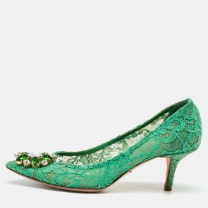 Dolce & Gabbana Green Lace Bellucci Crystal Embellishment Pumps Size 37, Pumps - Luxury Closet catalog