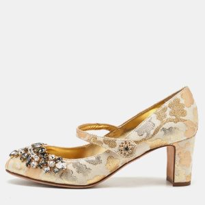 Dolce & Gabbana Gold/White Brocade Fabric Crystal Embellished Mary Jane Pumps Size 38, Pumps - Luxury Closet catalog