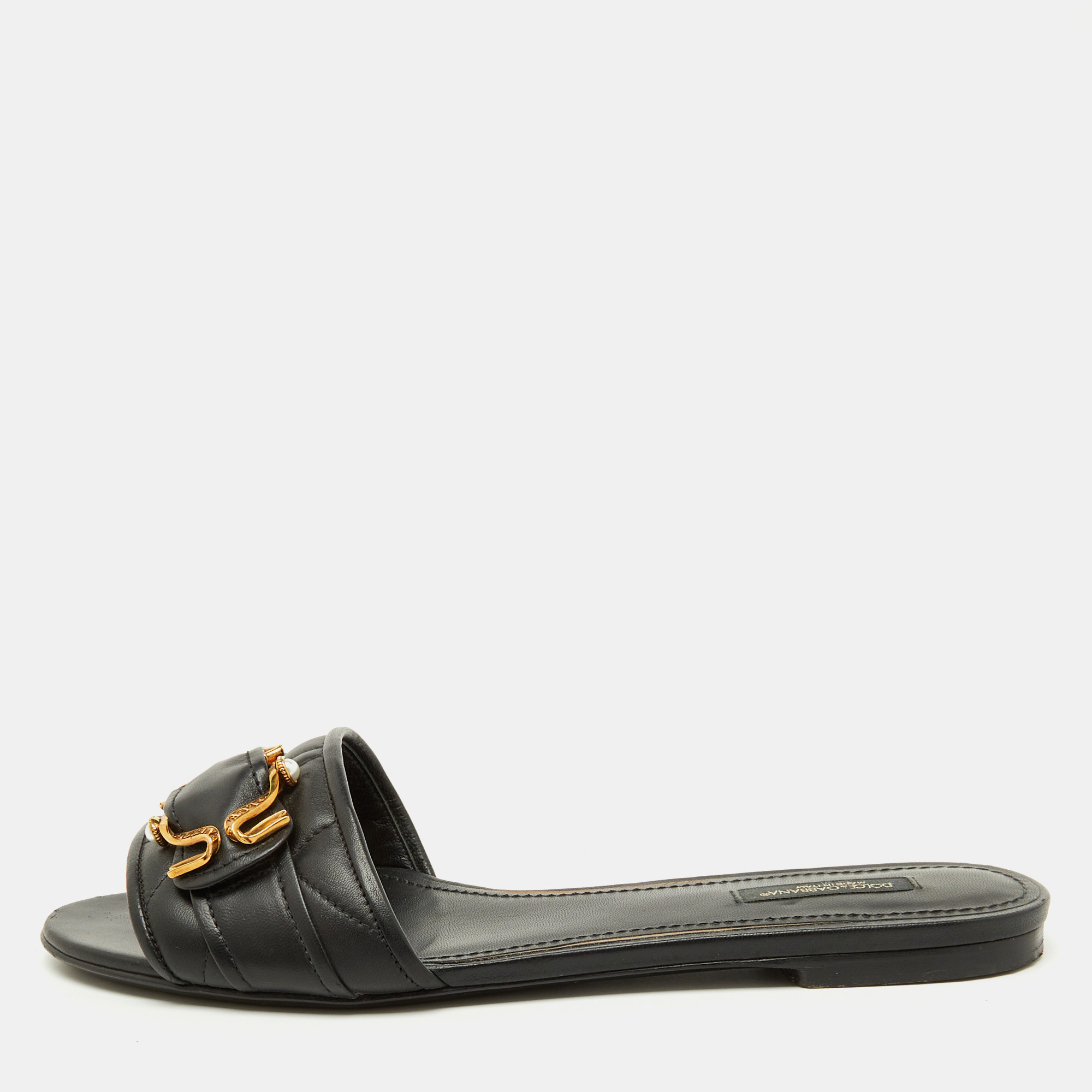 Dolce & Gabbana Black Leather Devotion Buckle Flat Slide Sandals Size 39, Sandals - Luxury Closet catalog