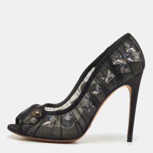 Dolce & Gabbana Black Lace Crystal Embellished Open Toe Pumps Size 38, Pumps - Luxury Closet catalog