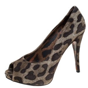 Dolce & Gabbana Brown Leopard Print Canvas Peep Toe Platform Pumps Size 37, Pumps - Luxury Closet catalog