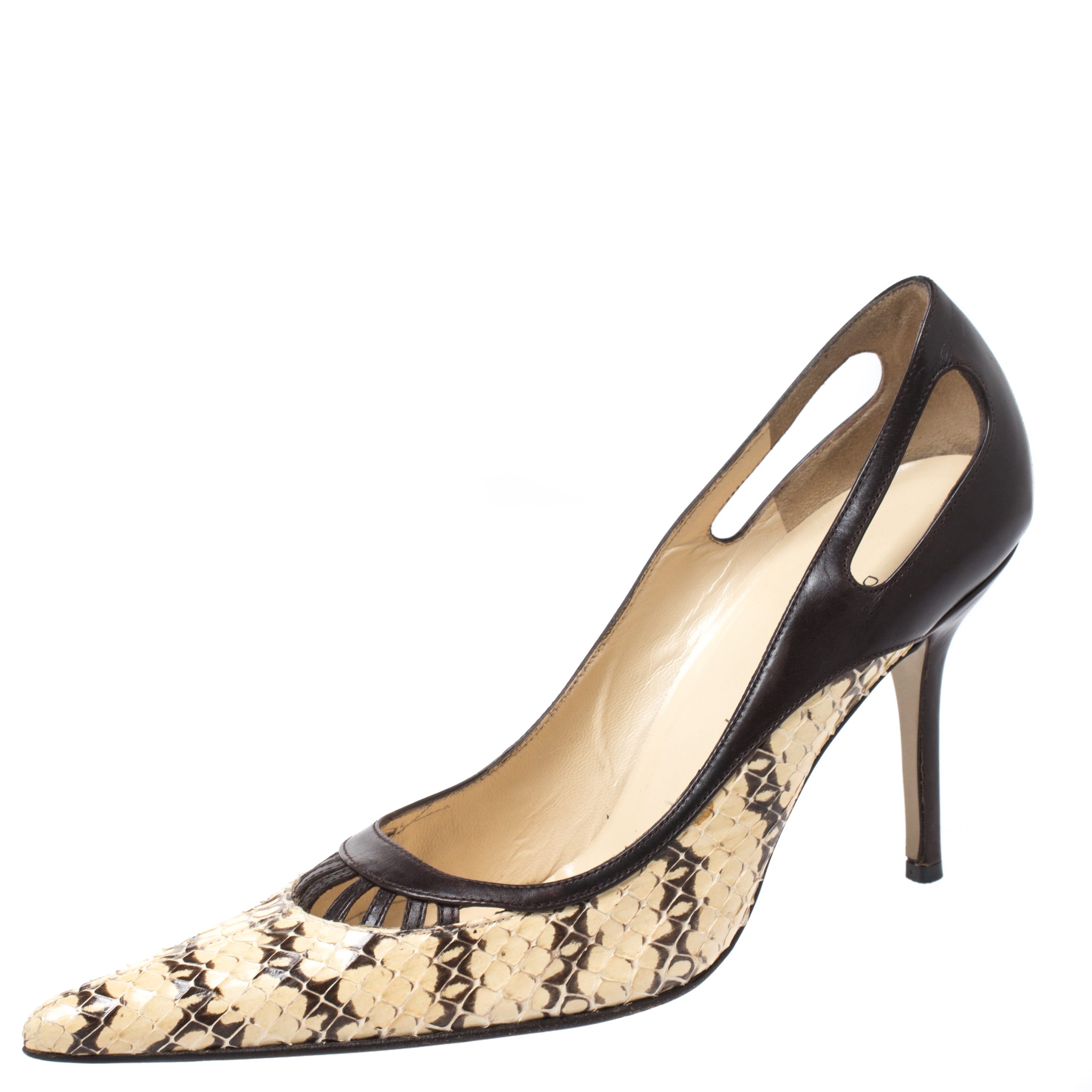Dolce & Gabbana Brown/Cream Python And Leather Cutout Pointed Toe Pumps Size 38.5, Pumps - Luxury Closet catalog