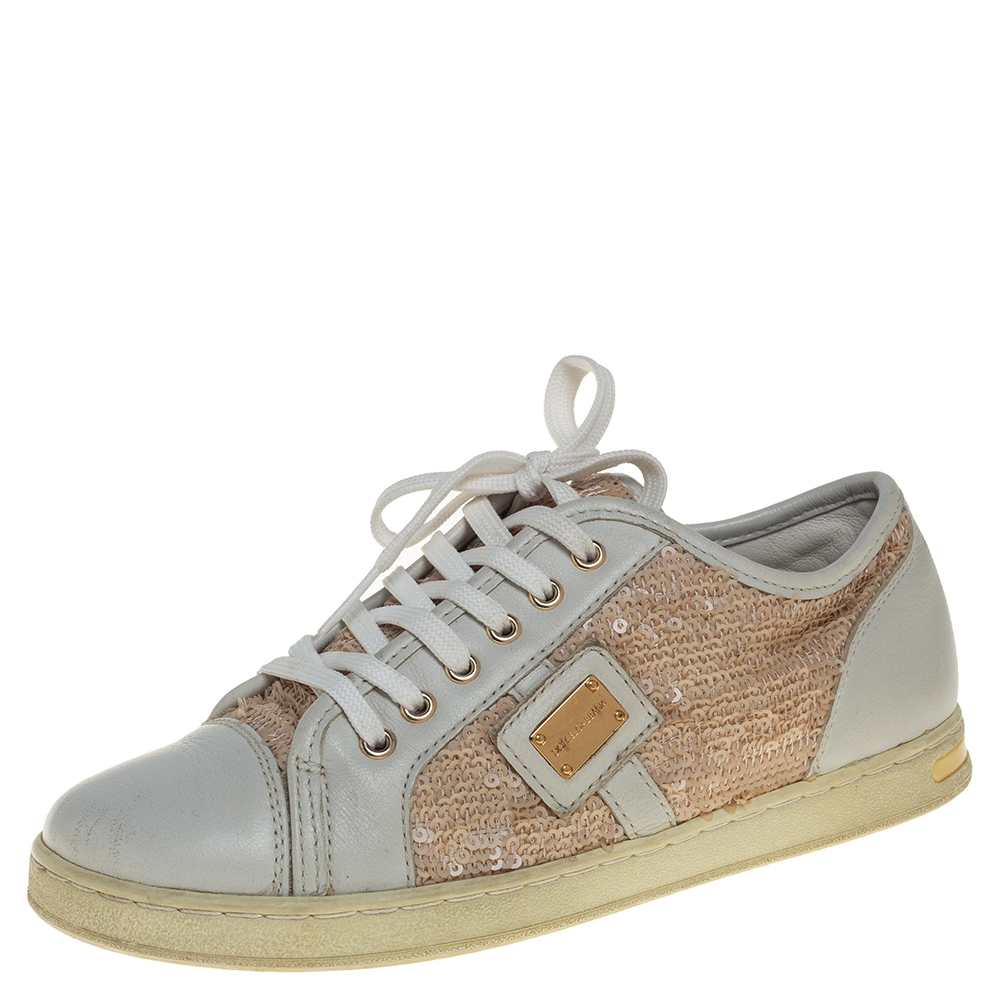 Dolce &Gabbana White/Brown Leather Sequin Embellished Sneakers Size 34, Athletic Shoes & Sneakers - Luxury Closet catalog