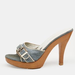 Dolce & Gabbana Blue Denim And Leather Trims Buckle Detail Open Toe Platform Slide Sandals Size 40, Sandals - Luxury Closet catalog