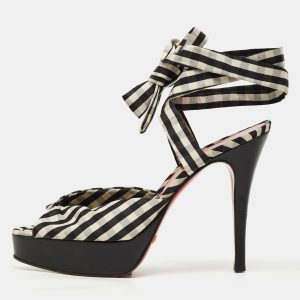 Dolce & Gabbana Black/White Plaid Fabric Platform Ankle Tie Sandals Size 38, Sandals - Luxury Closet catalog