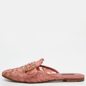 Dolce & Gabbana Pink Lace Crystal Embellished Flat Mules Size 41, Flats - Luxury Closet catalog