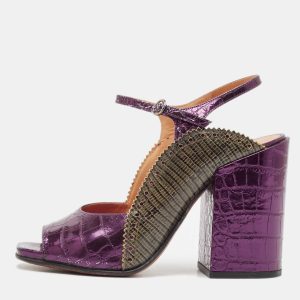 Dries Van Noten Purple/Green Croc Embossed and Lizard Embossed Ankle Strap Sandals Size 39, Sandals - Luxury Closet catalog