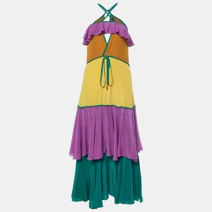 Dsquared2 Purple Colorblock Silk Ruffled Sleeveless Long Dress S, Dresses - Luxury Closet catalog