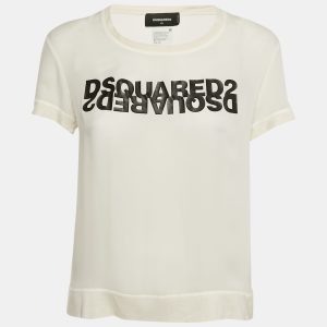 Dsquared2 White Logo Print Silk T-Shirt M, Shirts & Tops - Luxury Closet catalog
