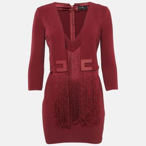 Elisabetta Franchi Burgundy Fringed Crepe Mini Dress S, Dresses - Luxury Closet catalog