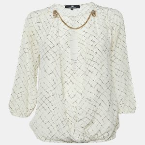 Elisabetta Franchi White Checks Print Silk Brooches Detail Top M, Shirts & Tops - Luxury Closet catalog