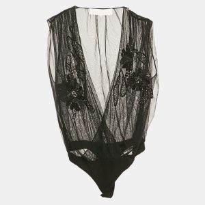 Elisabetta Franchi Gold Black Embellished Tulle Sleeveless Bodysuit S, Shirts & Tops - Luxury Closet catalog