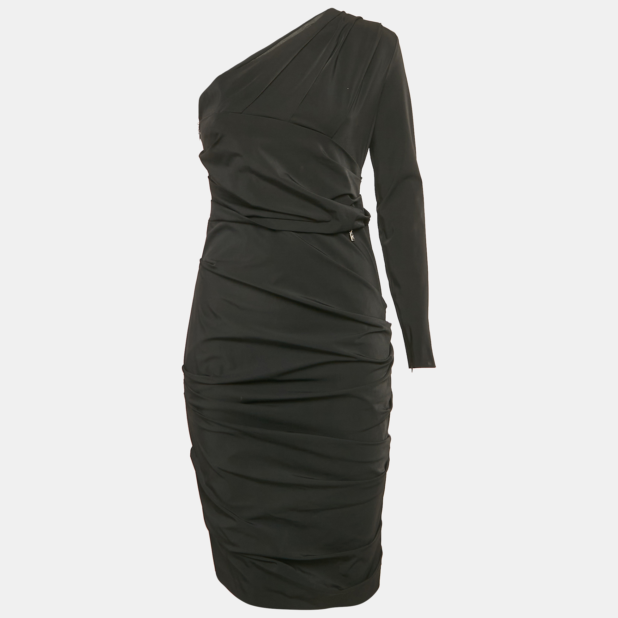 Elisabetta Franchi Black Nylon Draped One-Shoulder Midi Dress M, Dresses - Luxury Closet catalog