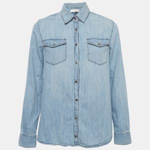 Elisabetta Franchi Jeans Blue Denim & White Chiffon Button Front Shirt S, Shirts & Tops - Luxury Closet catalog