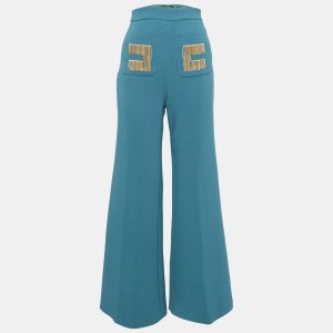 Elisabetta Franchi Teal Blue Crepe Chain Detail Flared Trousers S, Clothing - Luxury Closet catalog