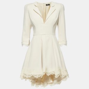 Elisabetta Franchi Beige  Crepe Lace Trim Flared Mini Dress M, Dresses - Luxury Closet catalog