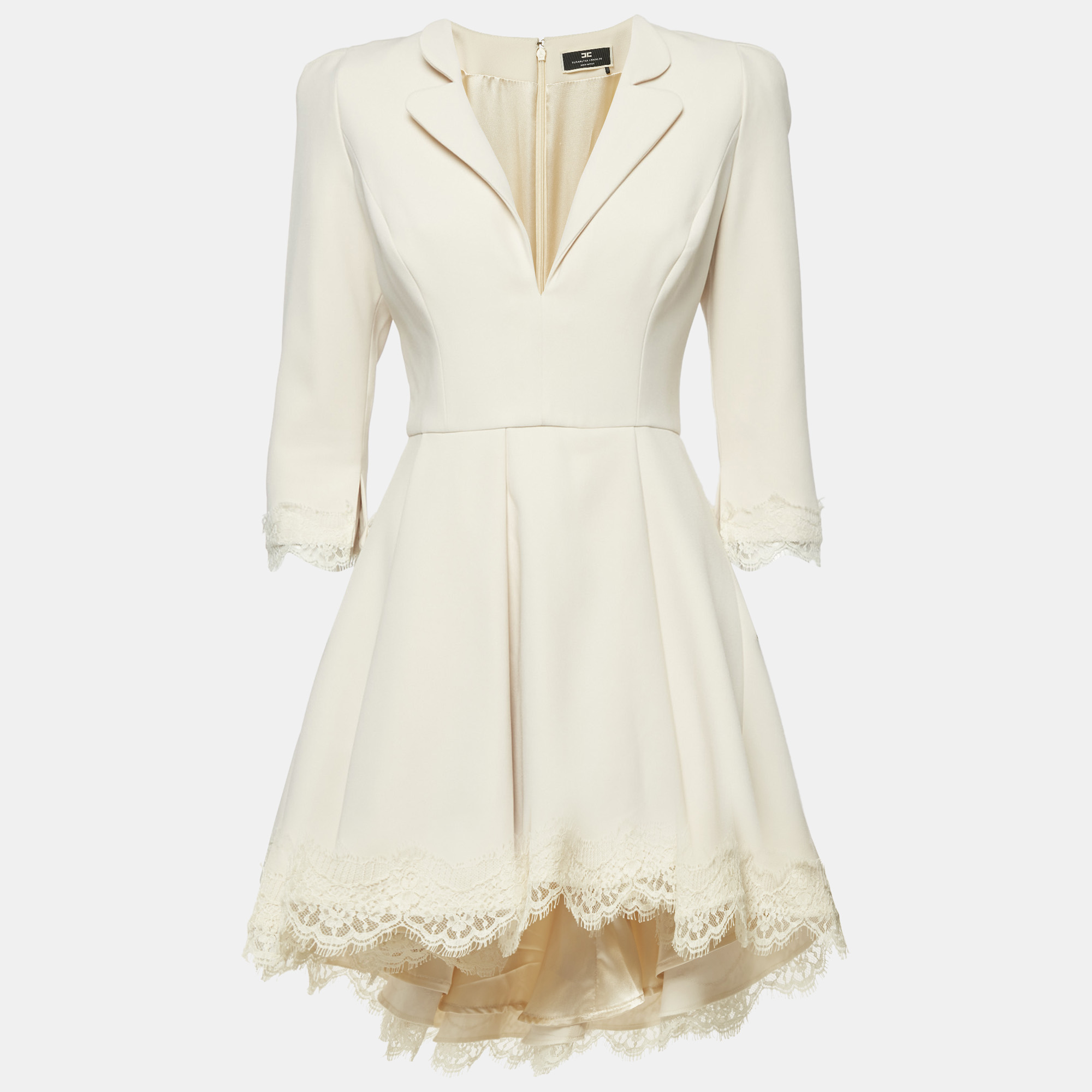 Elisabetta Franchi Beige Crepe Lace Trim Flared Mini Dress M, Dresses - Luxury Closet catalog