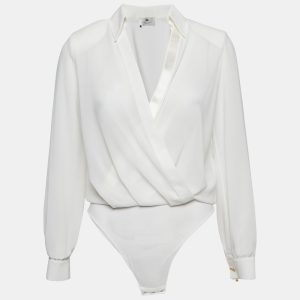 Elisabetta Franchi White Chiffon Plunging Neck Bodysuit S, Shirts & Tops - Luxury Closet catalog